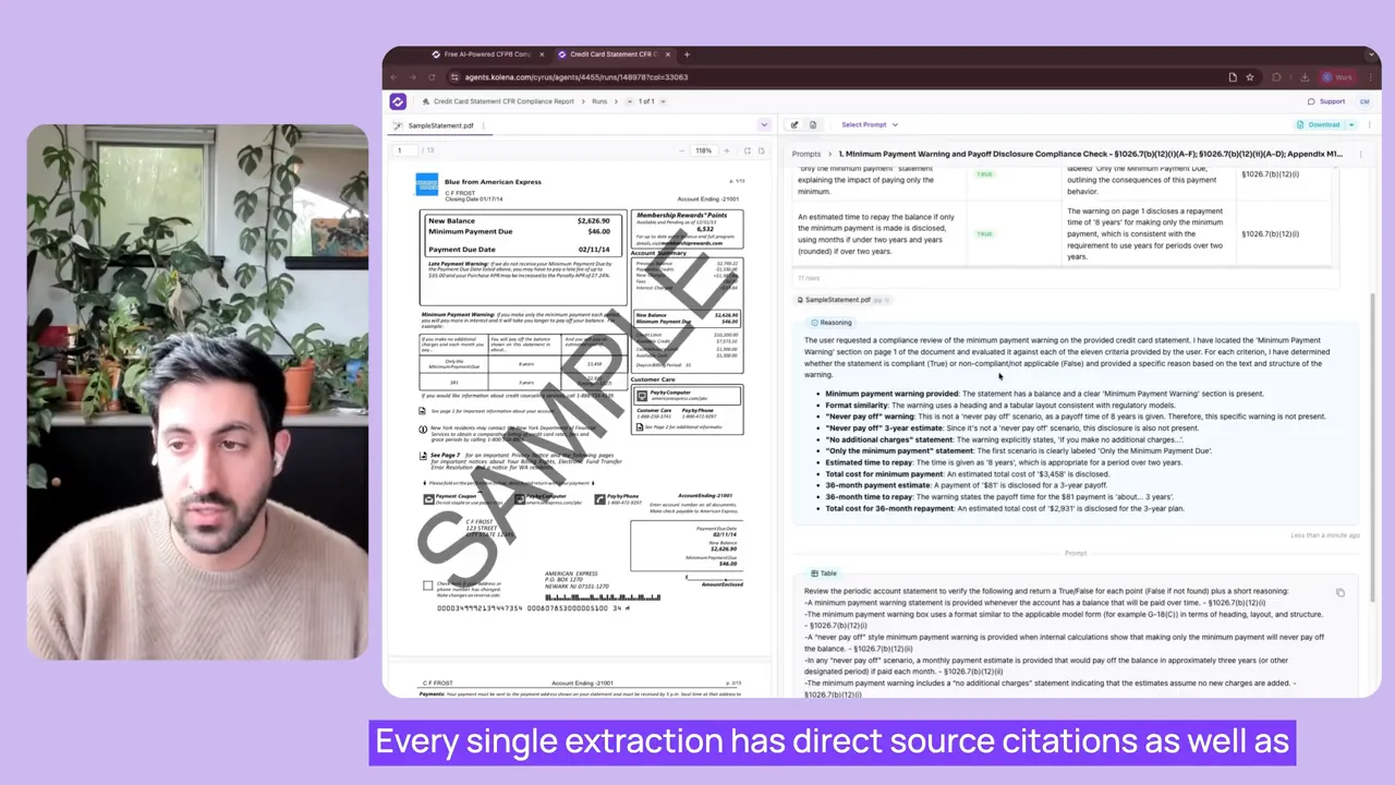 Decision-grade AI compliance reasoning with direct source citations for CFPB credit card statement review