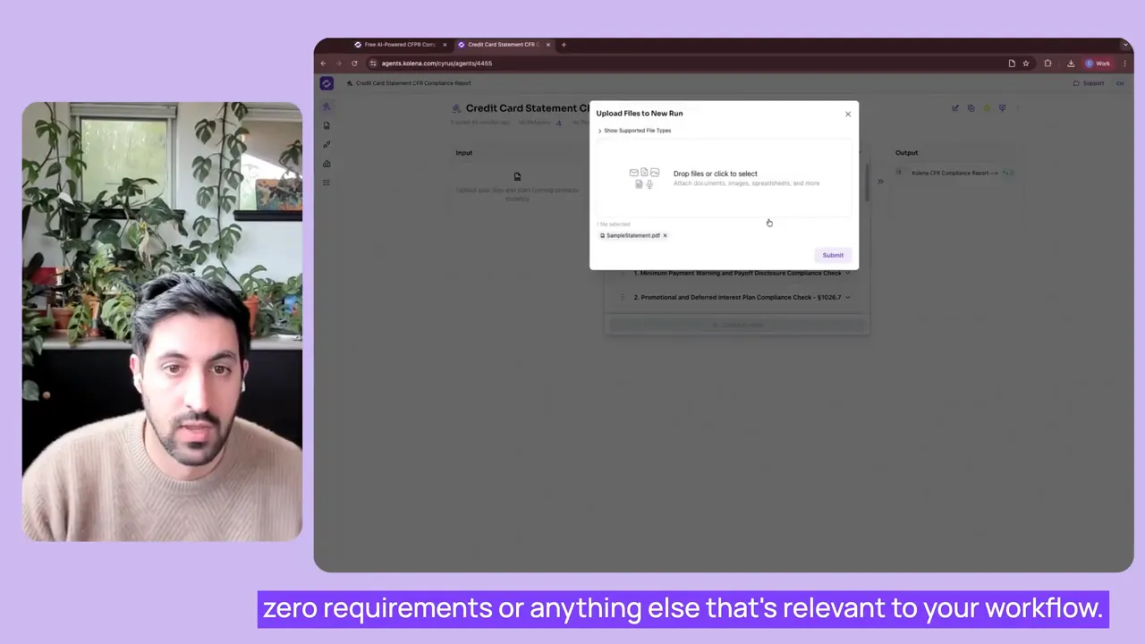 Klemma upload workflow prompting to select a credit card statement file for CFPB compliance checks