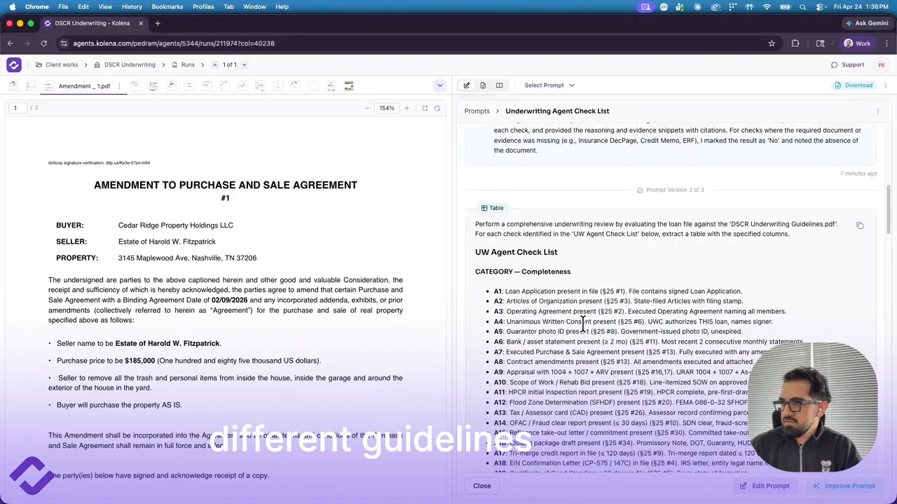 Underwriting agent prompt and extracted guideline checklist results for DSCR underwriting