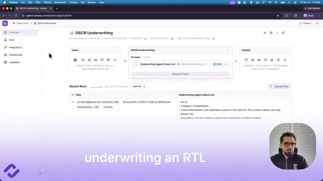 Screenshot of Kolena underwriting agent interface showing uploaded DSCR loan files and an underwriting check list run