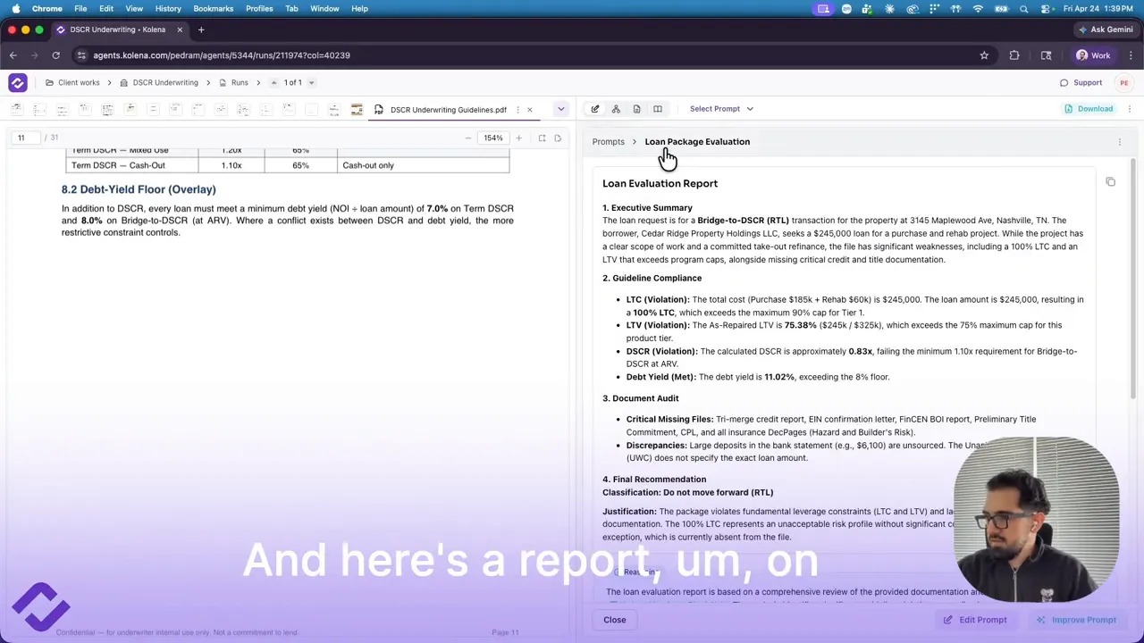 AI-generated loan evaluation report with executive summary, guideline compliance violations, and final recommendation