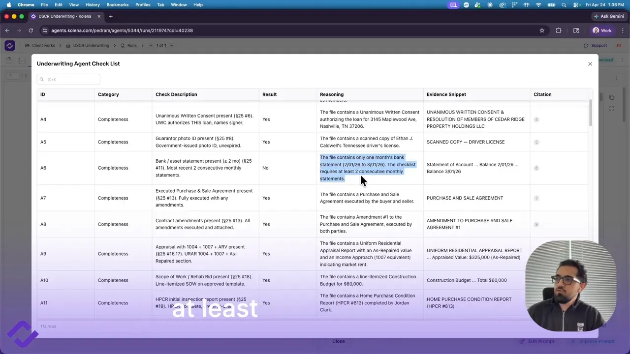 Screenshot of AI underwriting agent check list highlighting failed underwriting item reasoning