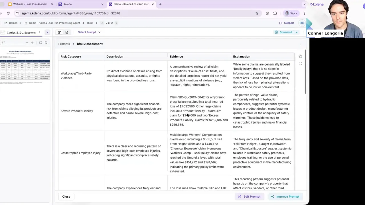Clear screenshot of a risk assessment table showing columns for Risk Category, Description, Evidence, and Explanation extracted from loss run documents.