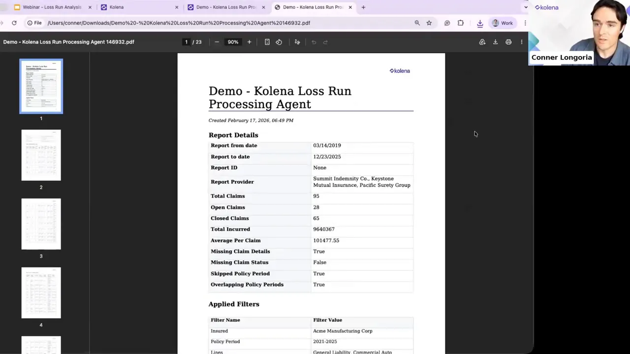 Well-framed PDF report titled 'Demo - Kolena Loss Run Processing Agent' in a viewer, clearly showing report details, totals and applied filters; presenter video window on the right.