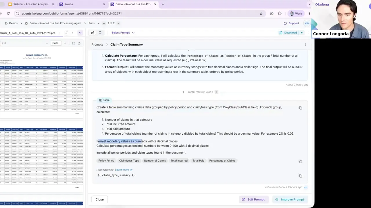 Clear screenshot of the loss run agent interface showing the 'Claim Type Summary' prompt with numbered extraction steps and table placeholder; presenter visible in the top-right.