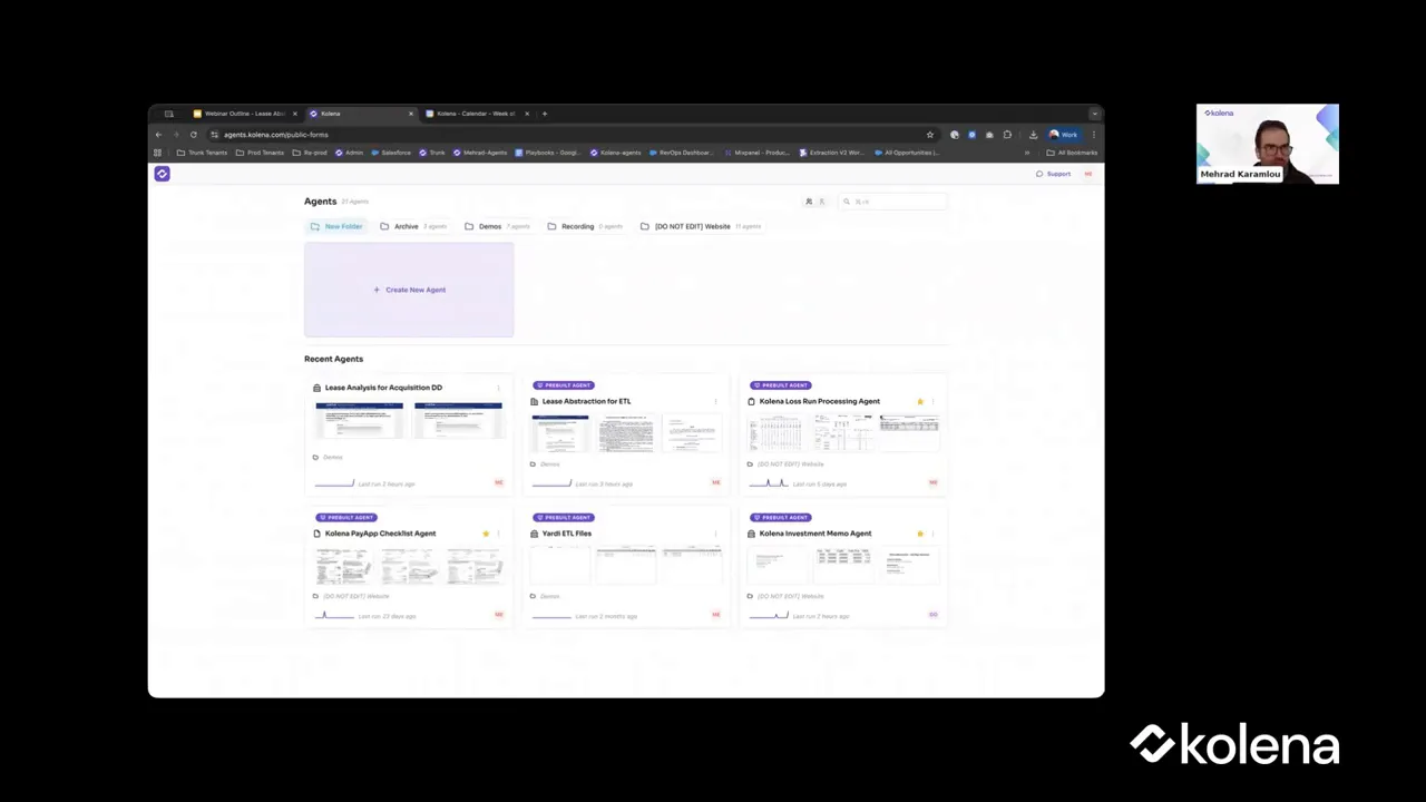 Clear screenshot of a Kolena agent dashboard with create-agent tile and recent agents