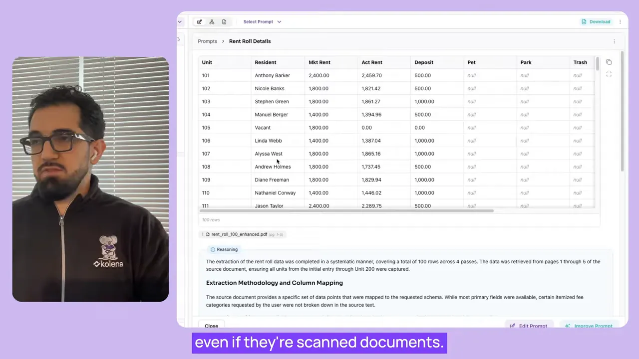 Screenshot of an AI extraction interface showing a rent roll table with unit numbers, rents and several 'null' fields; presenter visible on the left and an overlay caption reads 'even if they're scanned documents.'