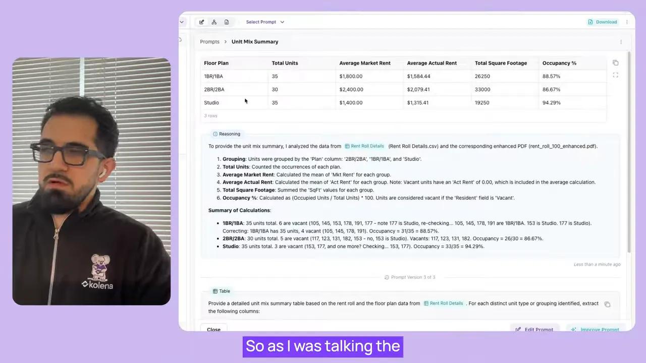 AI extraction UI displaying a unit mix summary table with columns for floor plan, total units, average market rent, average actual rent, total square footage and occupancy percentage with a presenter at left.