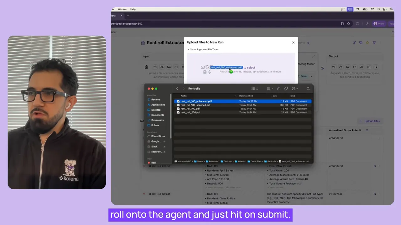 Upload dialog open with a Finder window highlighting a rent_roll_100_enhanced.pdf to upload to the rent roll extractor