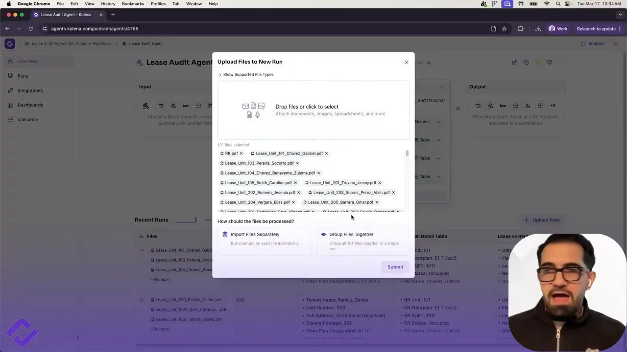 Upload Files to New Run modal showing 101 files selected and options to import separately or group files
