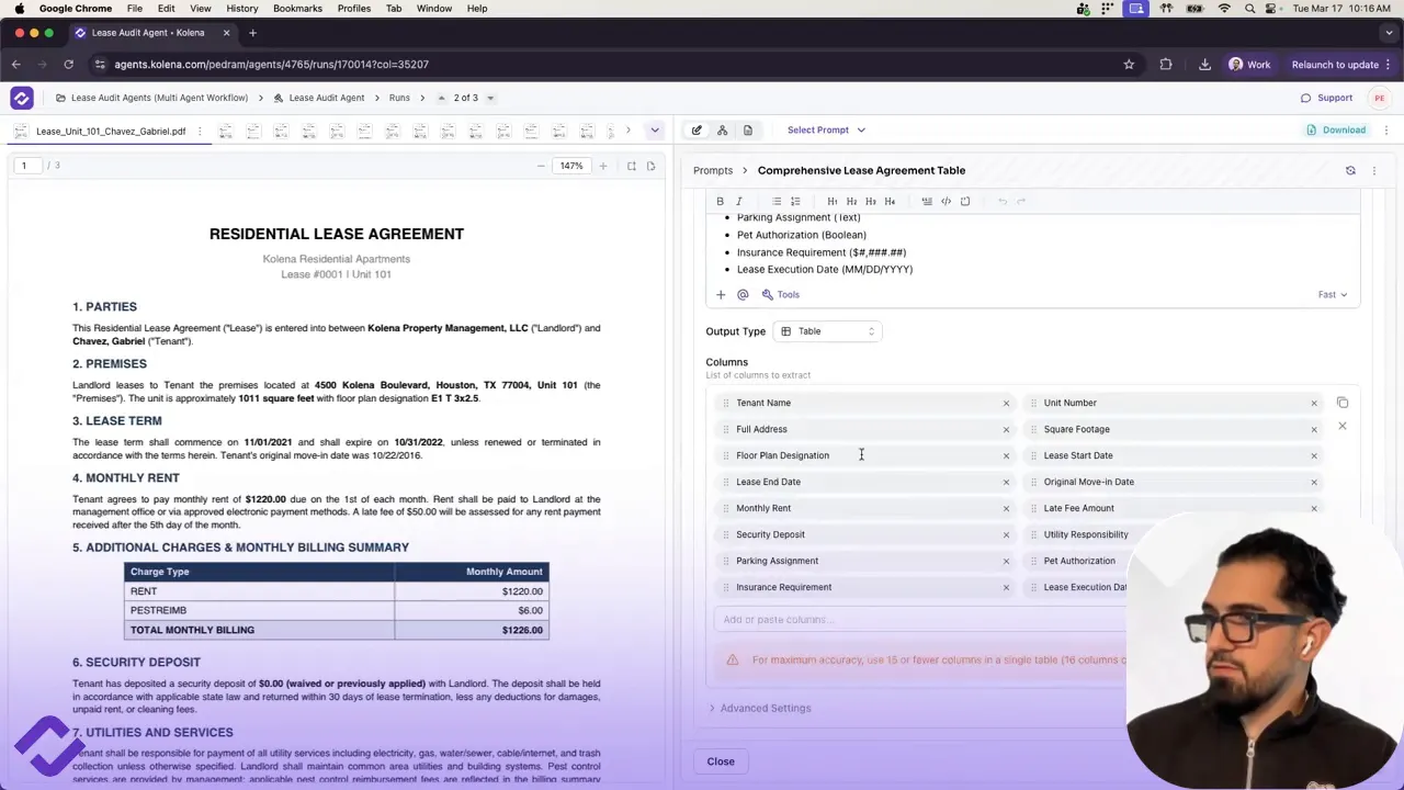 Screenshot of the lease audit interface showing a residential lease PDF on the left and the prompt editor on the right with extraction columns displayed as editable tokens (Tenant Name, Full Address, Unit Number, etc.); small presenter overlay in the corner.