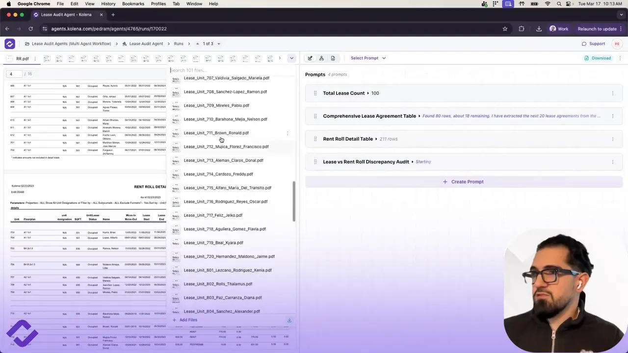 Lease audit interface with a vertical document list of individual lease files between the document viewer and the prompts pane, illustrating how documents are selected for extraction; presenter overlay visible.