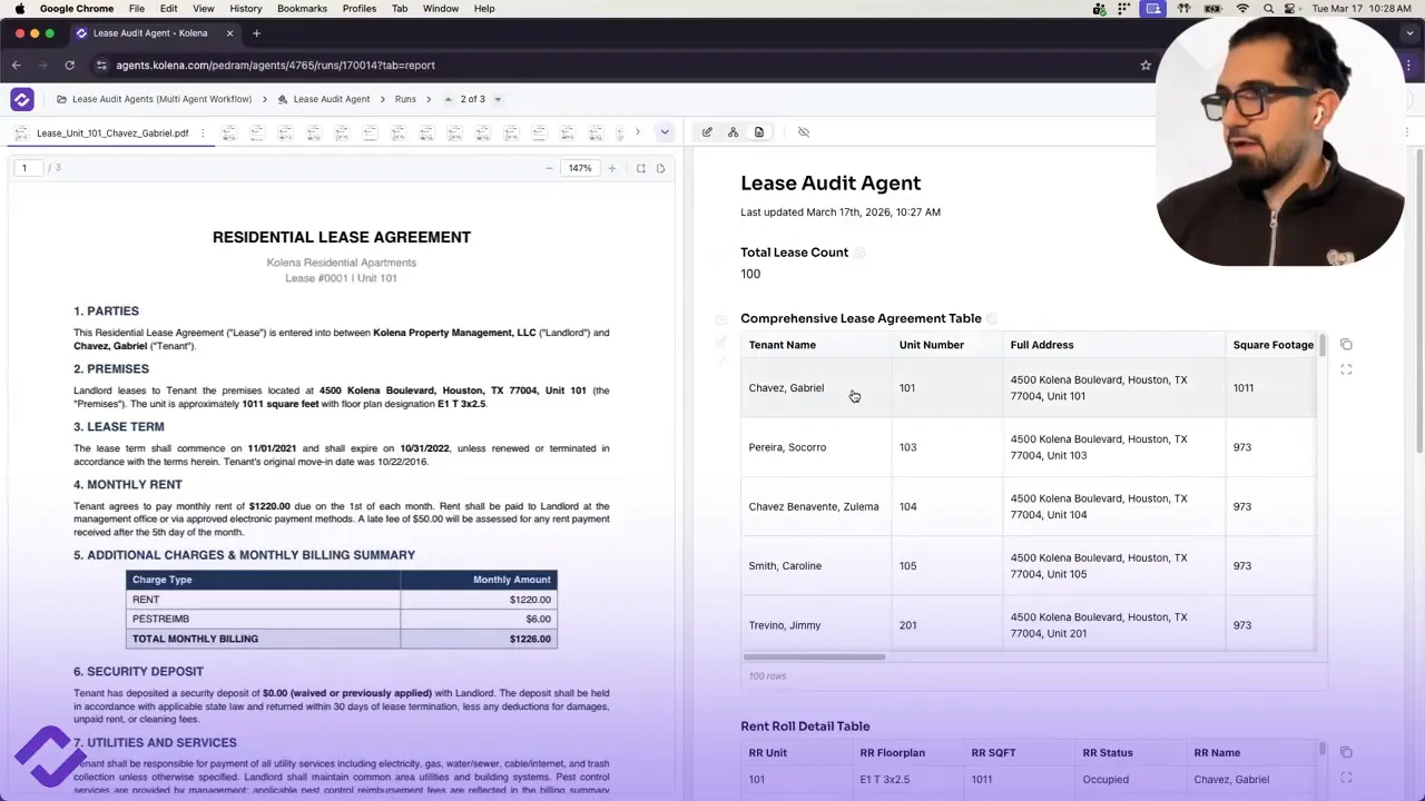 Report/editor view of the Lease Audit Agent showing a lease PDF on the left and a structured comprehensive lease agreement table on the right with tenant, unit, and full address columns.