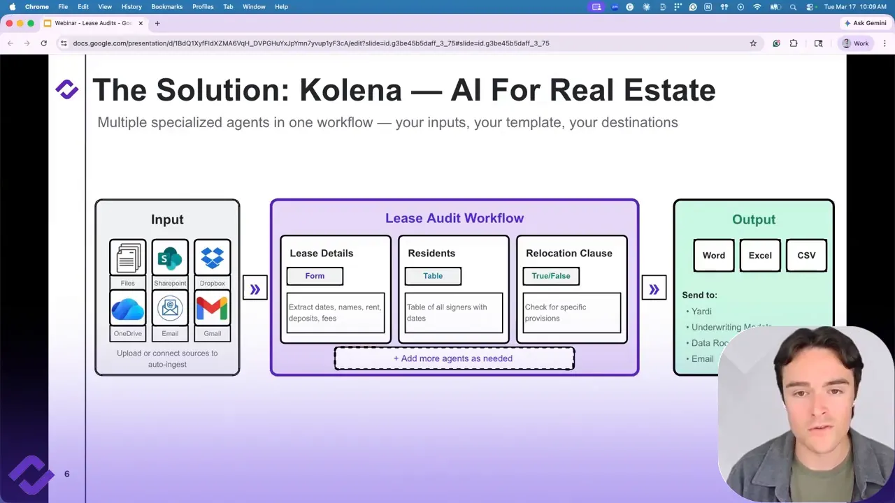 Clear presentation slide: Inputs (Files, SharePoint, Dropbox, OneDrive, Email) arrow to Lease Audit Workflow then to Outputs (Word, Excel, CSV); unobtrusive presenter overlay