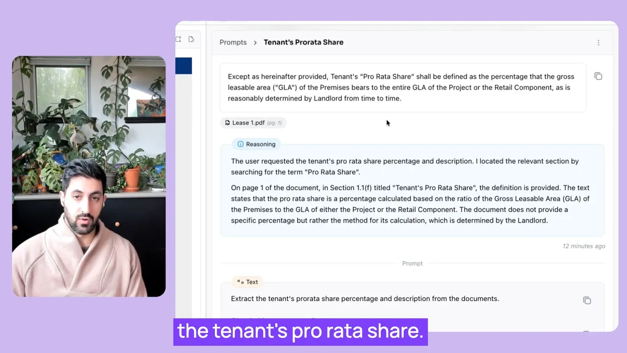 Agent UI showing extracted 'Tenant's Pro Rata Share' text, a reasoning box and a citation to Lease 1.pdf
