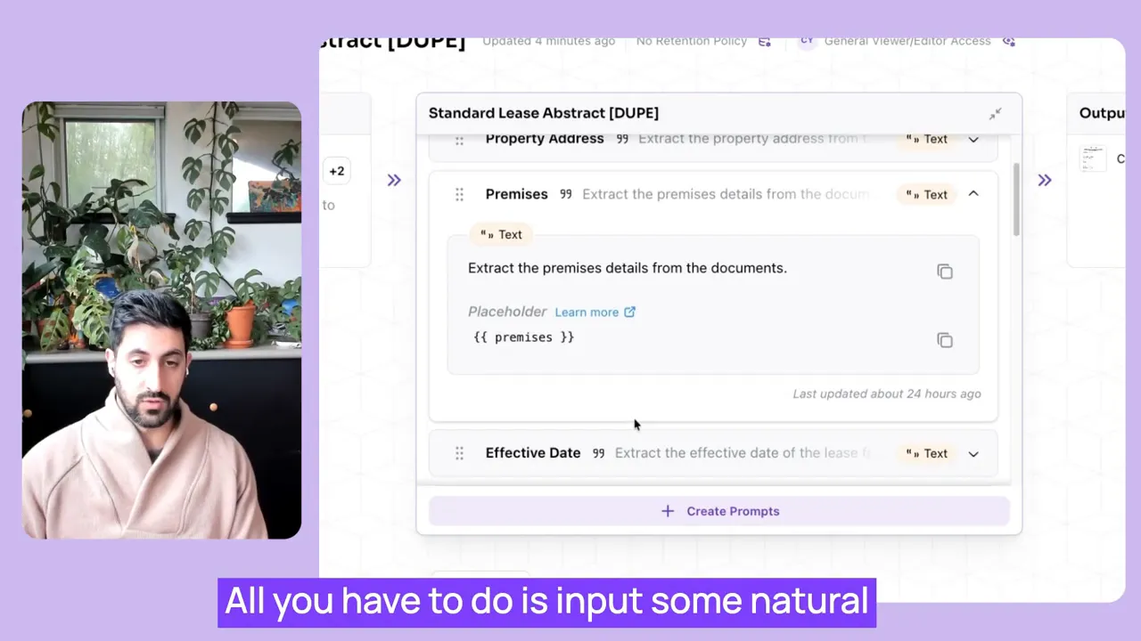 Close-up of the prompts editor showing a text prompt: 'Extract the premises details from the documents.'