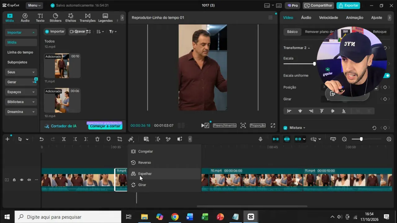 CapCut com plano fechado de um homem em camisa vinho e clipe selecionado na linha do tempo