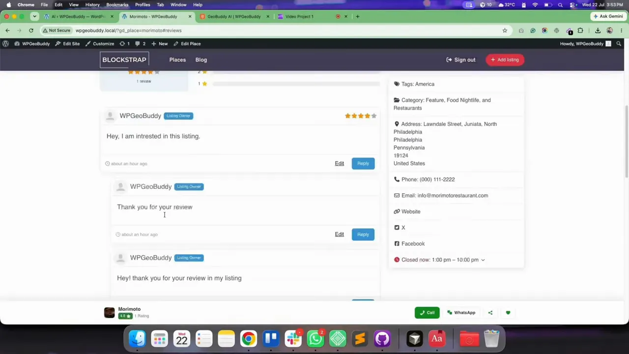 Directory listing page showing reviews and a reply beneath a review