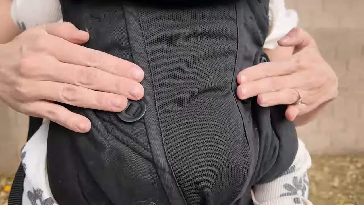 Close view of black carrier panel with adjustment snaps and mesh fabric
