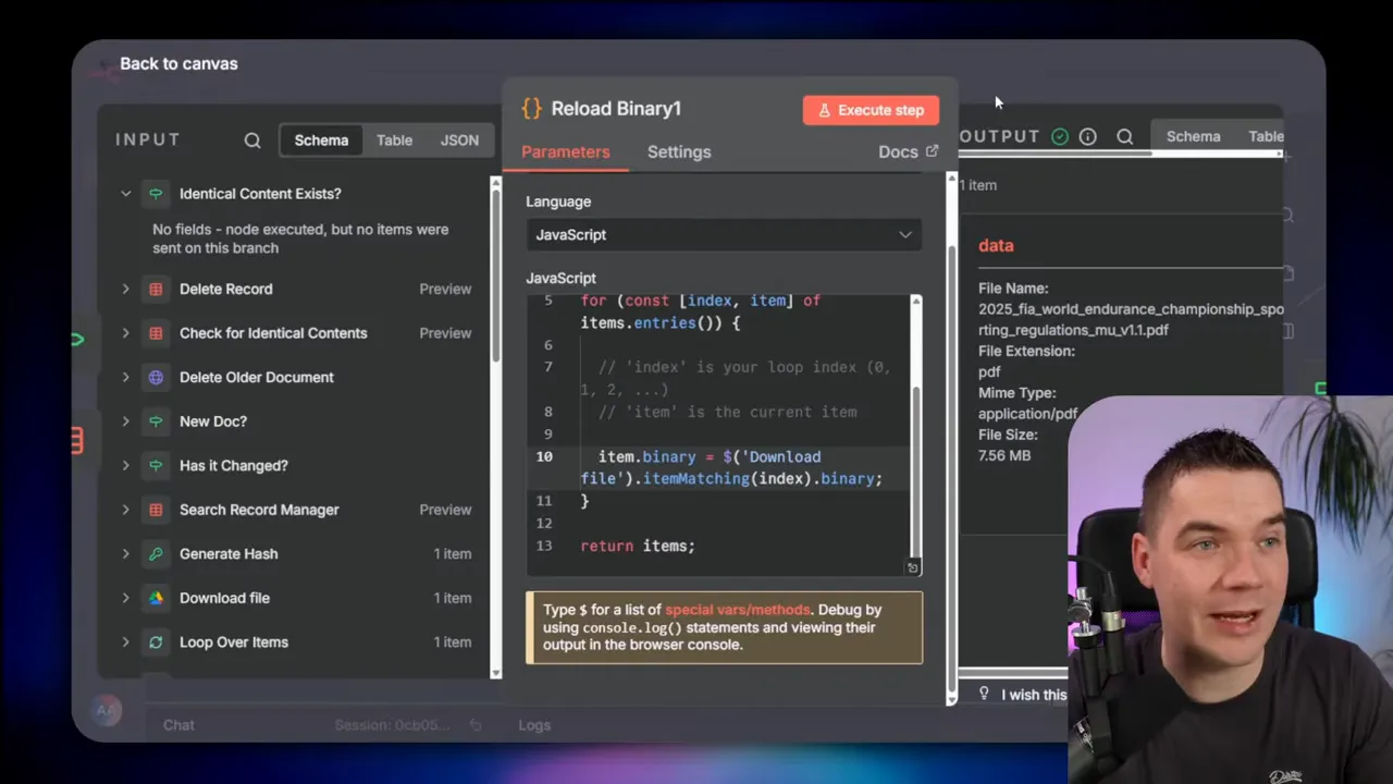 n8n code node 'Reload Binary1' showing JavaScript that reassigns item.binary for file re-upload