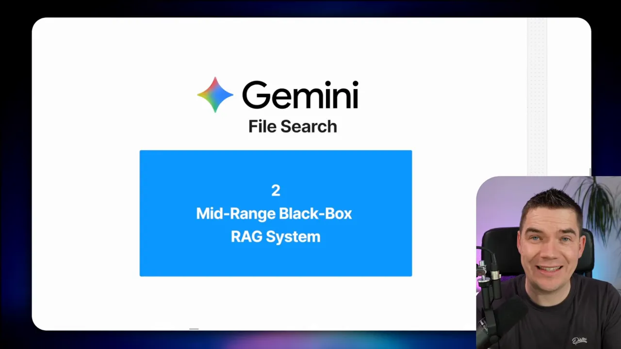 Slide titled 'Gemini File Search' with a blue box reading 'Mid-Range Black-Box RAG System' and presenter inset