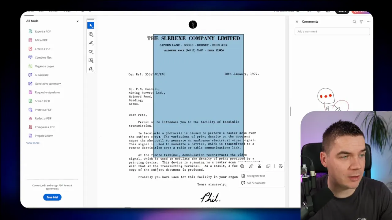 PDF editor window showing a scanned page with a blue selection area and the presenter inset on the right.