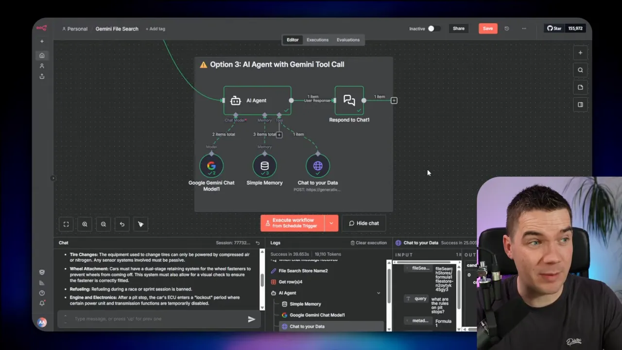 n8n editor canvas showing 'Option 3: AI Agent with Gemini Tool Call' workflow and logs