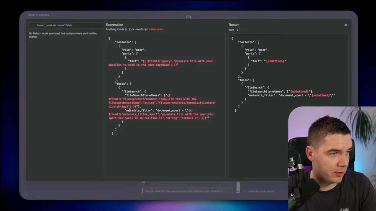 n8n expression editor with JSON that includes a fileSearch section and a 'metadata_filter' field.