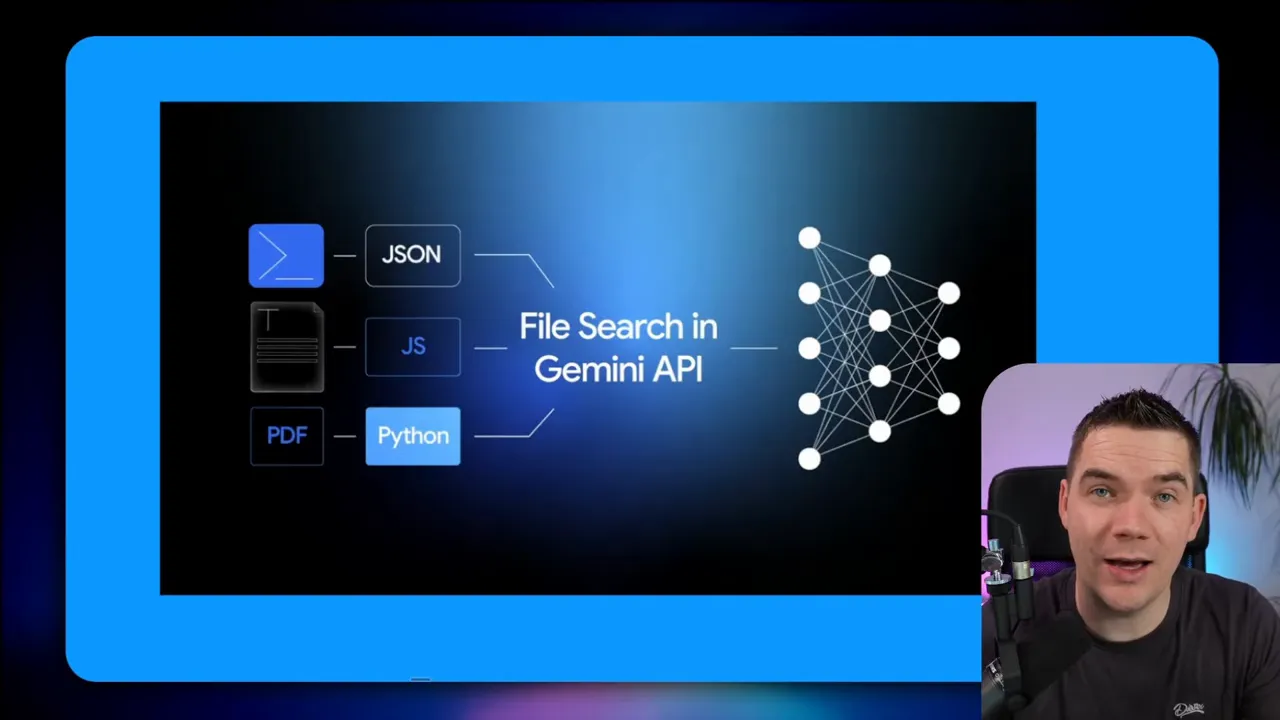 Crisp presentation slide reading 'File Search in Gemini API' with JSON, JS and Python/PDF icons on the left and a neural network graphic on the right; presenter inset in bottom-right.