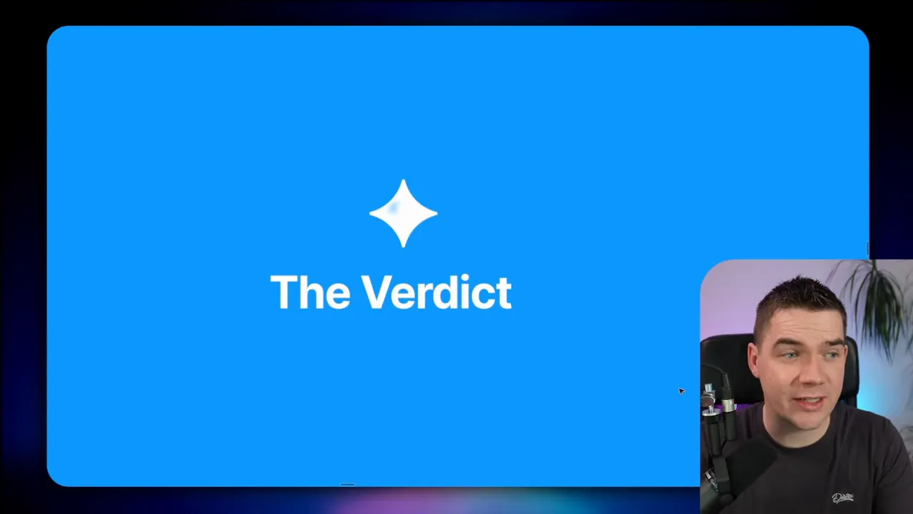 Blue slide with a white star icon and large text 'The Verdict', presenter shown in a small inset at bottom right.