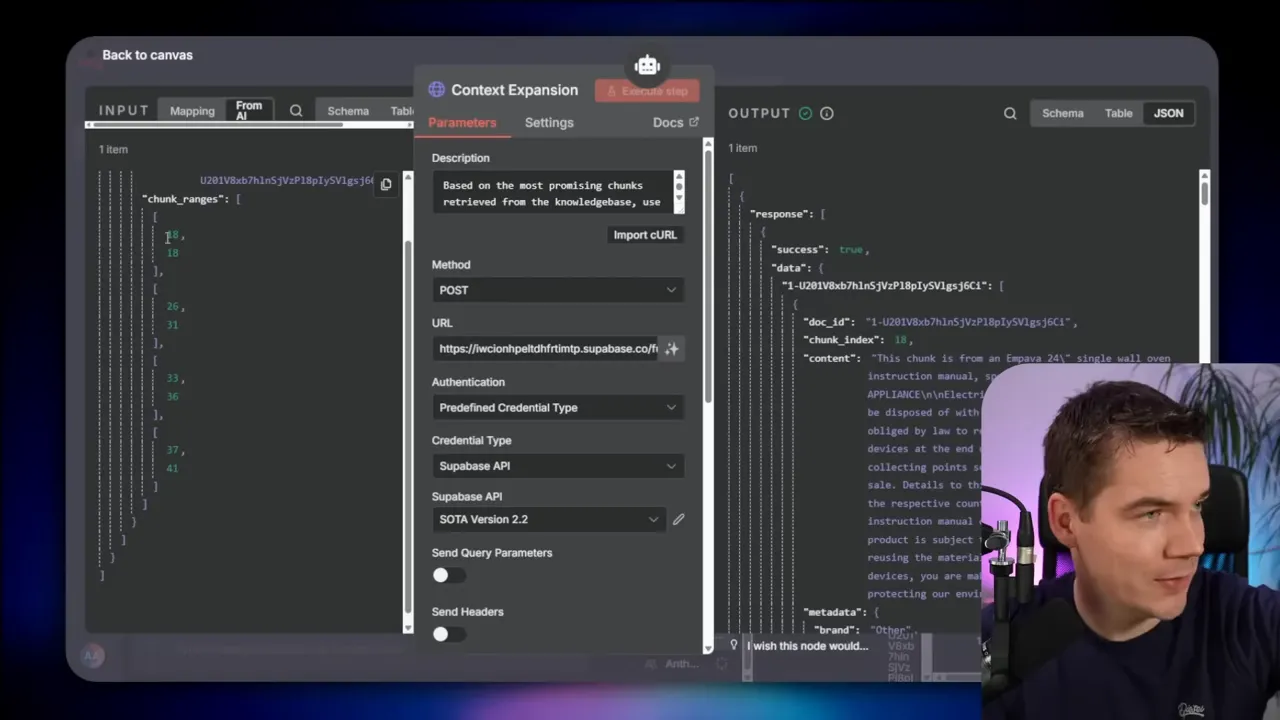 n8n Context Expansion node UI with JSON showing chunk_ranges and returned chunk content