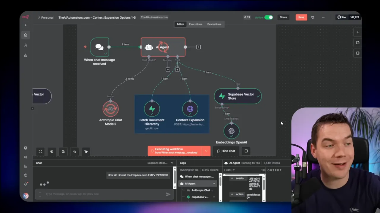 n8n workflow UI showing context expansion nodes, Supabase vector store and document hierarchy with a presenter overlay