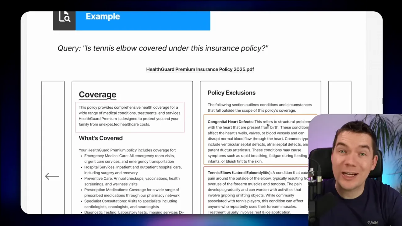 Screenshot of an insurance policy PDF slide showing a 'Coverage' column and a 'Policy Exclusions' column that mentions tennis elbow, with a presenter video overlay.