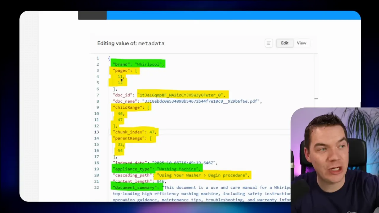 Screenshot of JSON metadata from OCR output showing fields like doc_id, chunk_index, parentRange, appliance_type, and document_summary