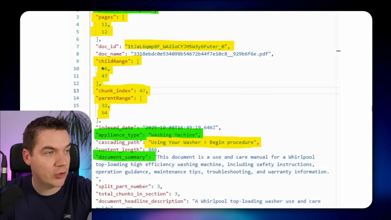 Screenshot of JSON chunk metadata highlighting parentRange, chunk_index, appliance_type and document_summary fields for context expansion.