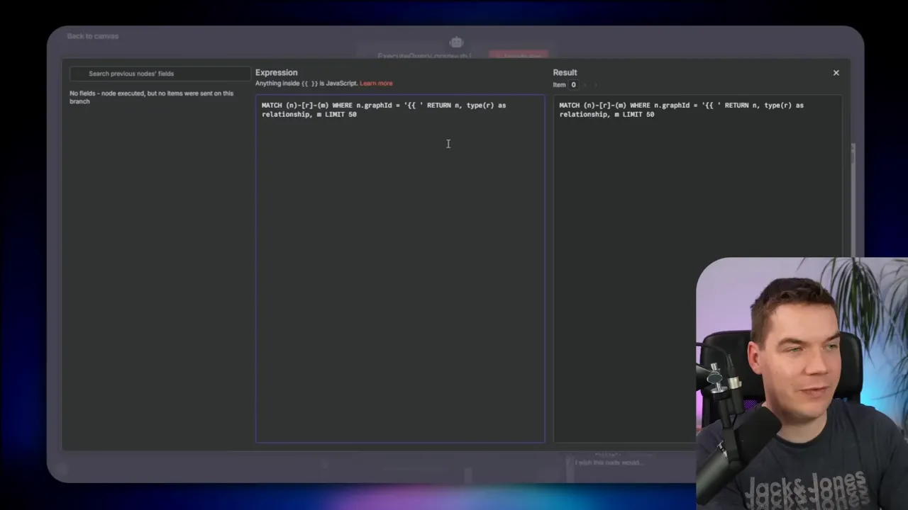 n8n expression editor showing a Cypher query with template placeholders ({{ }}) ready for parameterization