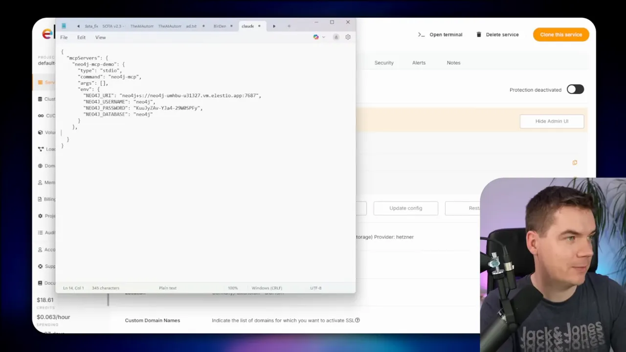 Editor window showing MCP server JSON with NEO4J_URL, NEO4J_USERNAME and NEO4J_PASSWORD fields