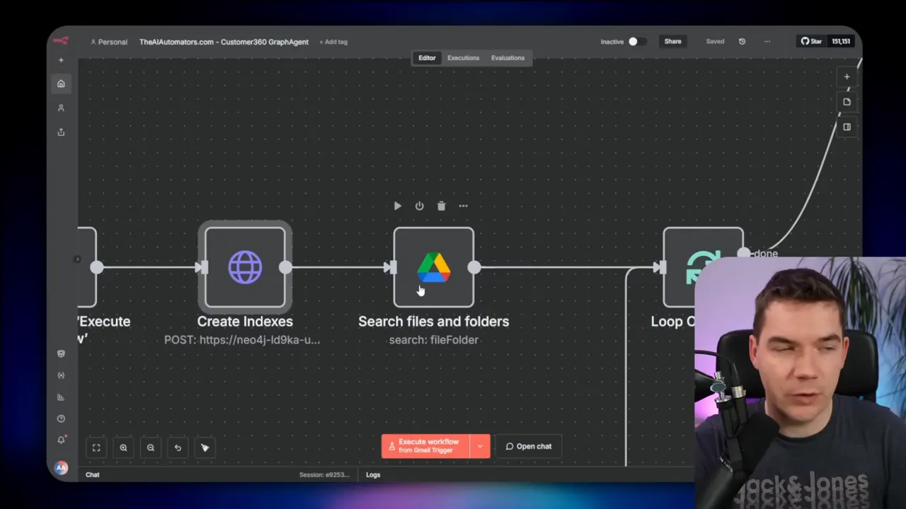 n8n canvas showing 'Create Indexes', 'Search files and folders' (Google Drive icon), and 'Loop Over Items' nodes clearly visible with small presenter overlay.