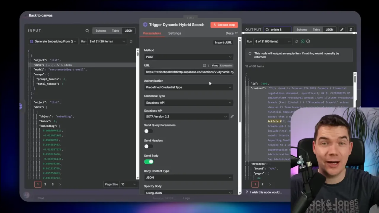 n8n interface showing embedding JSON on the left, Trigger Dynamic Hybrid Search parameters in the center (including Supabase URL and body toggles), and the output document chunk on the right; presenter overlay in the corner.