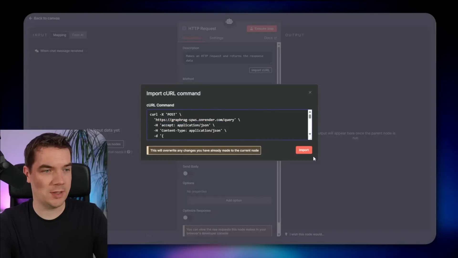 n8n workflow importing LightRAG API curl request