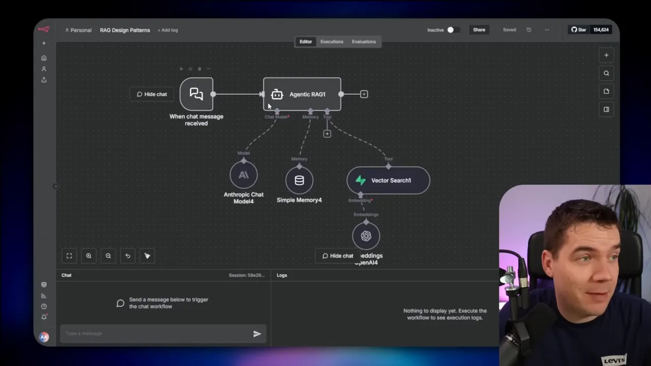 wide screenshot of n8n flow editor with Agentic RAG node, Vector Search node and model/memory nodes; presenter on the right.