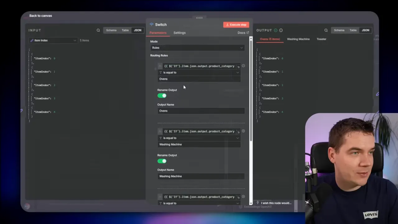 n8n editor open to a Switch node's Parameters panel showing routing rules with JSON input and output columns