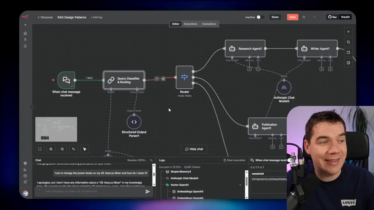 Clear screenshot of n8n showing 'When chat message received', 'Query Classifier & Routing', the central Router node and connected agent boxes (Research Agent1, Writer Agent) with connection lines; presenter overlay at bottom right.