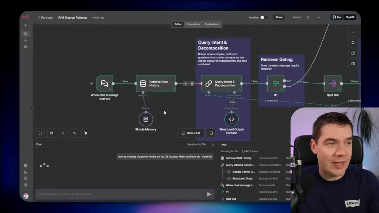 n8n workflow editor focused on Query Intent & Decomposition and Retrieval Gating nodes, with chat logs visible