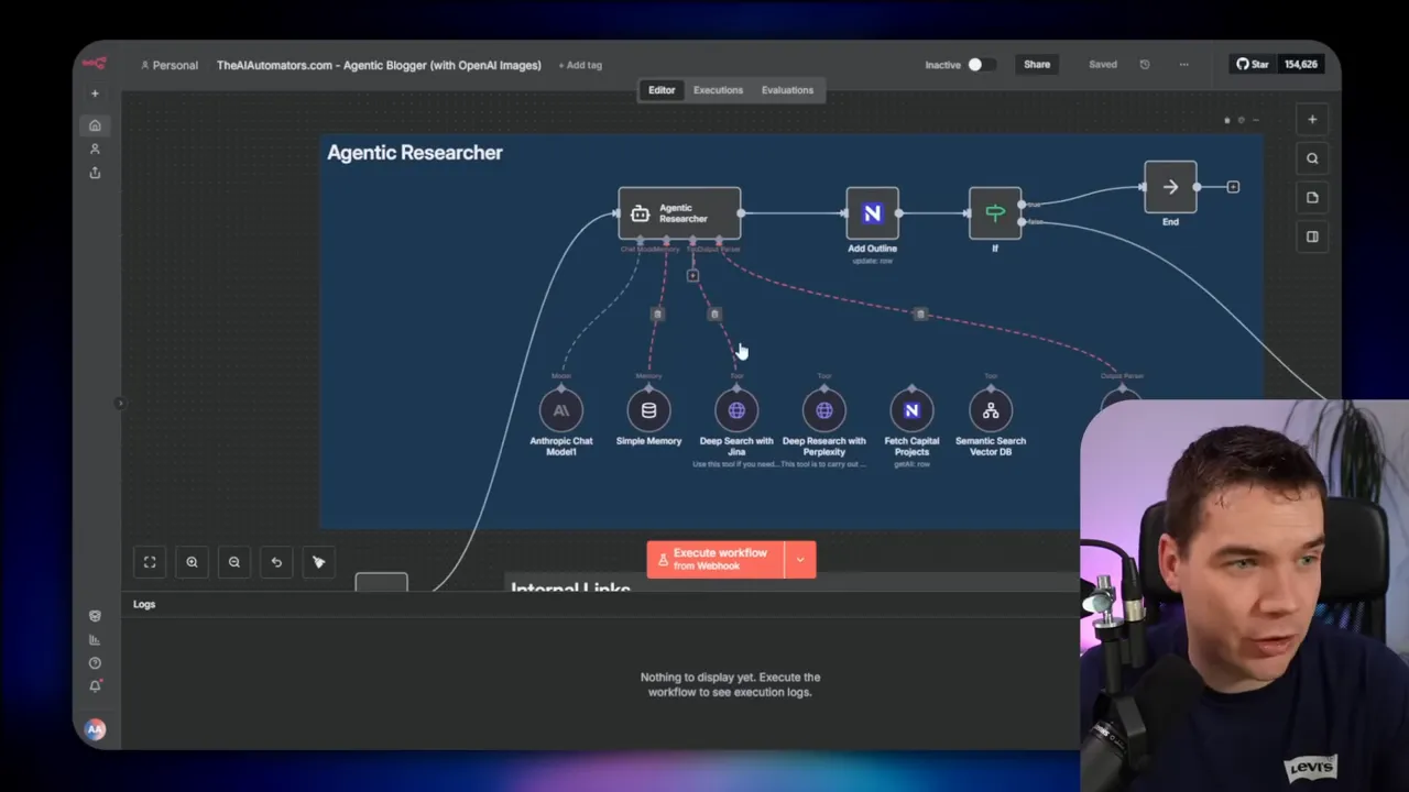 n8n editor showing 'Agentic Researcher' node with connected tool icons, an Add Outline node, and downstream sequential flow