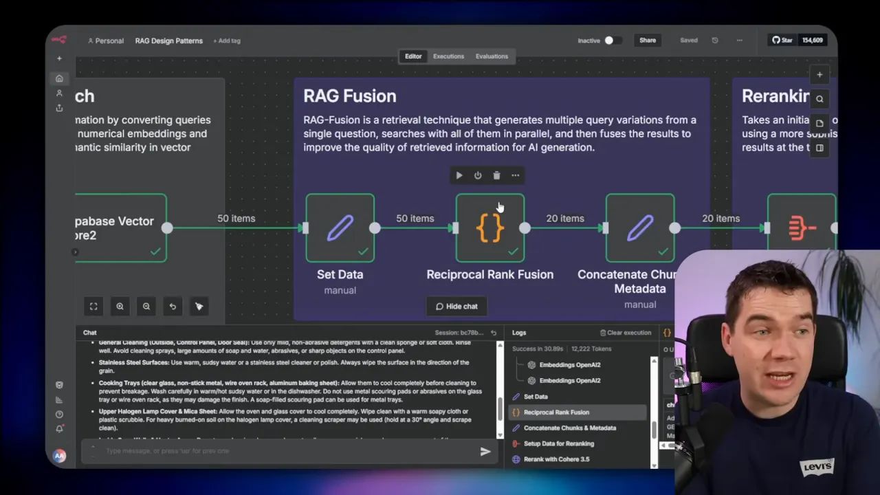 high-resolution n8n screenshot centered on the RAG Fusion panel showing Reciprocal Rank Fusion and Concatenate Chunks & Metadata