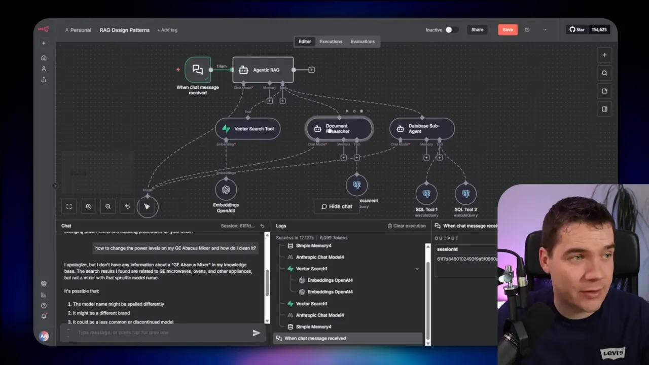 wide screenshot of n8n editor showing agentic RAG diagram, vector search tool and chat logs