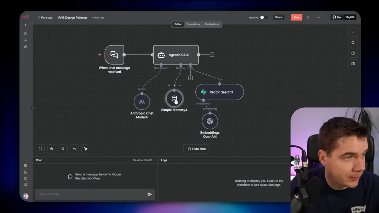 n8n editor showing Agentic RAG node connected to Vector Search and Simple Memory nodes with a small presenter inset on the right