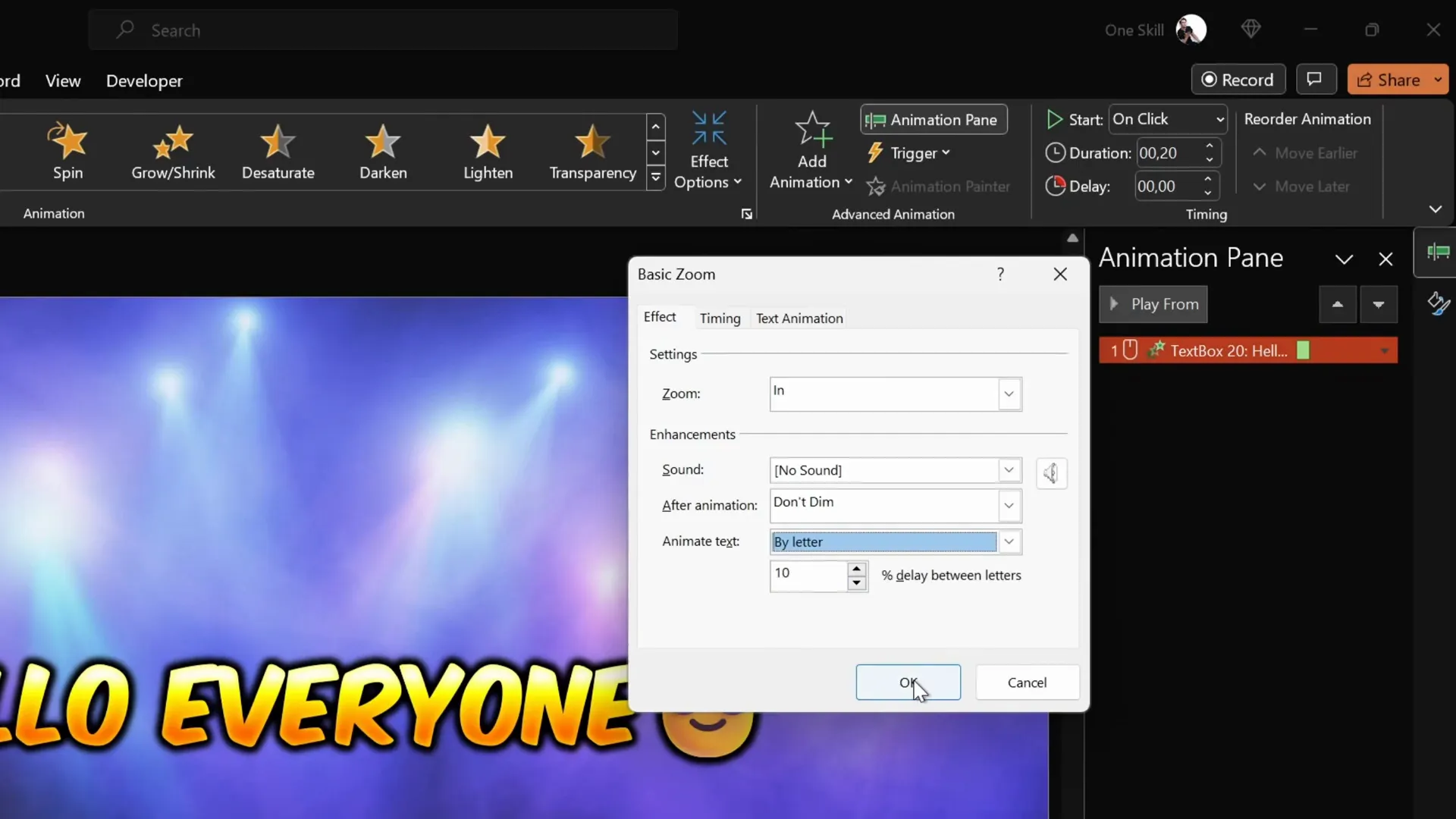 Subtitle text zooming in letter by letter animation