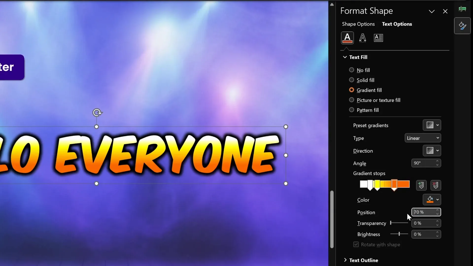 Text box with yellow to orange gradient applied to subtitle text